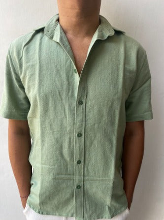 Mint Green short-sleeve linen shirt from Aaman Linen Cottonello Collection