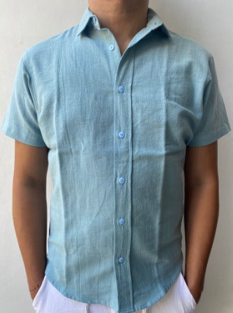 Baby Blue short-sleeve linen shirt from Aaman Linen Cottonello Collection