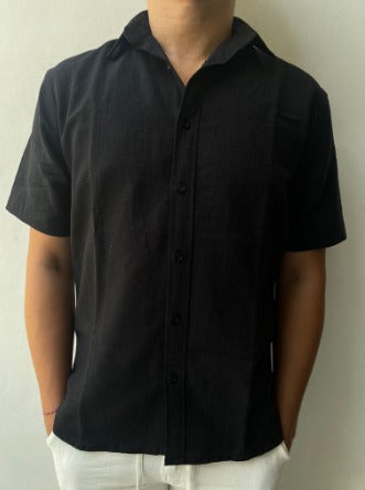 Black short-sleeve linen shirt from Aaman Linen Cottonello Collection